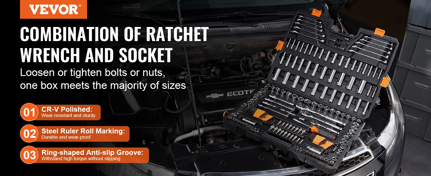 VEVOR Mechanics Tool Set and Socket Set, 1/4" 3/8" 1/2" Drive Deep and Standard Sockets, 205 Pcs SAE and Metric Mechanic Tool Kit with Bits, Combination Wrench, Hex Wrenches, Accessories, Storage Case