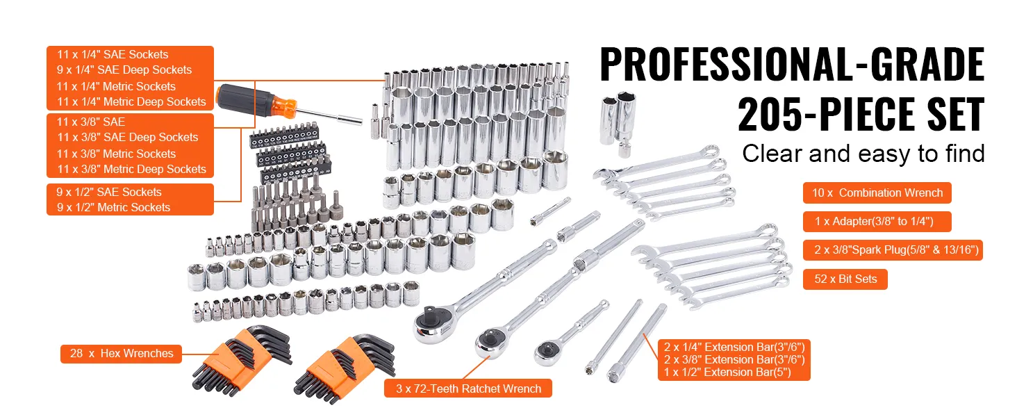 VEVOR Mechanics Tool Set and Socket Set, 1/4" 3/8" 1/2" Drive Deep and Standard Sockets, 205 Pcs SAE and Metric Mechanic Tool Kit with Bits, Combination Wrench, Hex Wrenches, Accessories, Storage Case