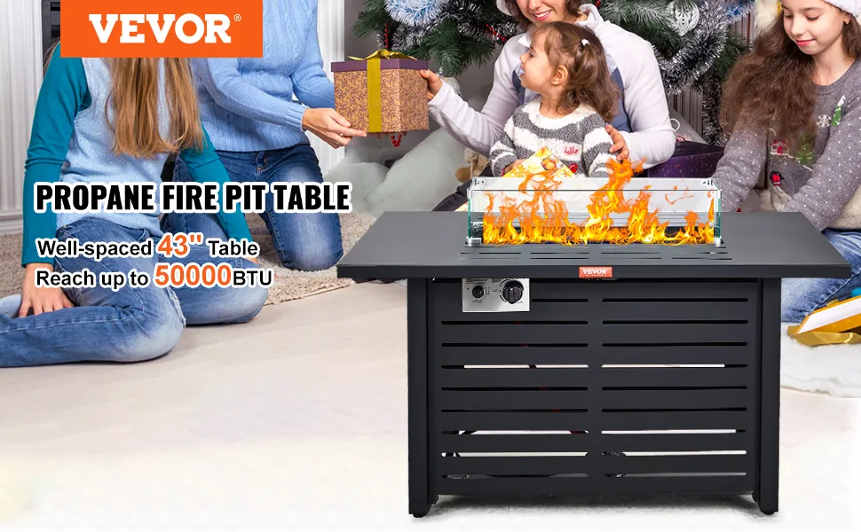 VEVOR gas fire pit table with 43" well-spaced design, reaching up to 50000 btu, perfect for family gatherings.