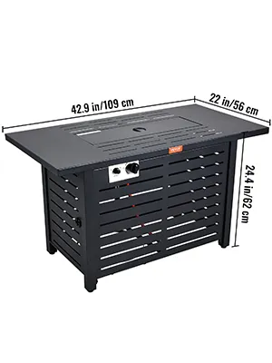 VEVOR gas fire pit table with black slatted design, dimensions: 42.9x22x24.4 inches.