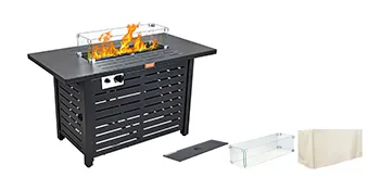 VEVOR gas fire pit table with flame, glass wind guard, control panel, and table cover.