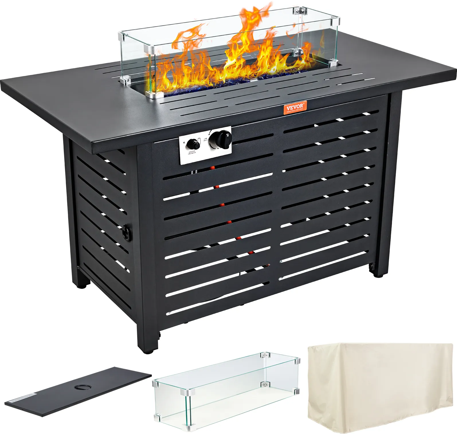 VEVOR gas fire pit table with glass wind guard, protective cover, and control knobs in black.