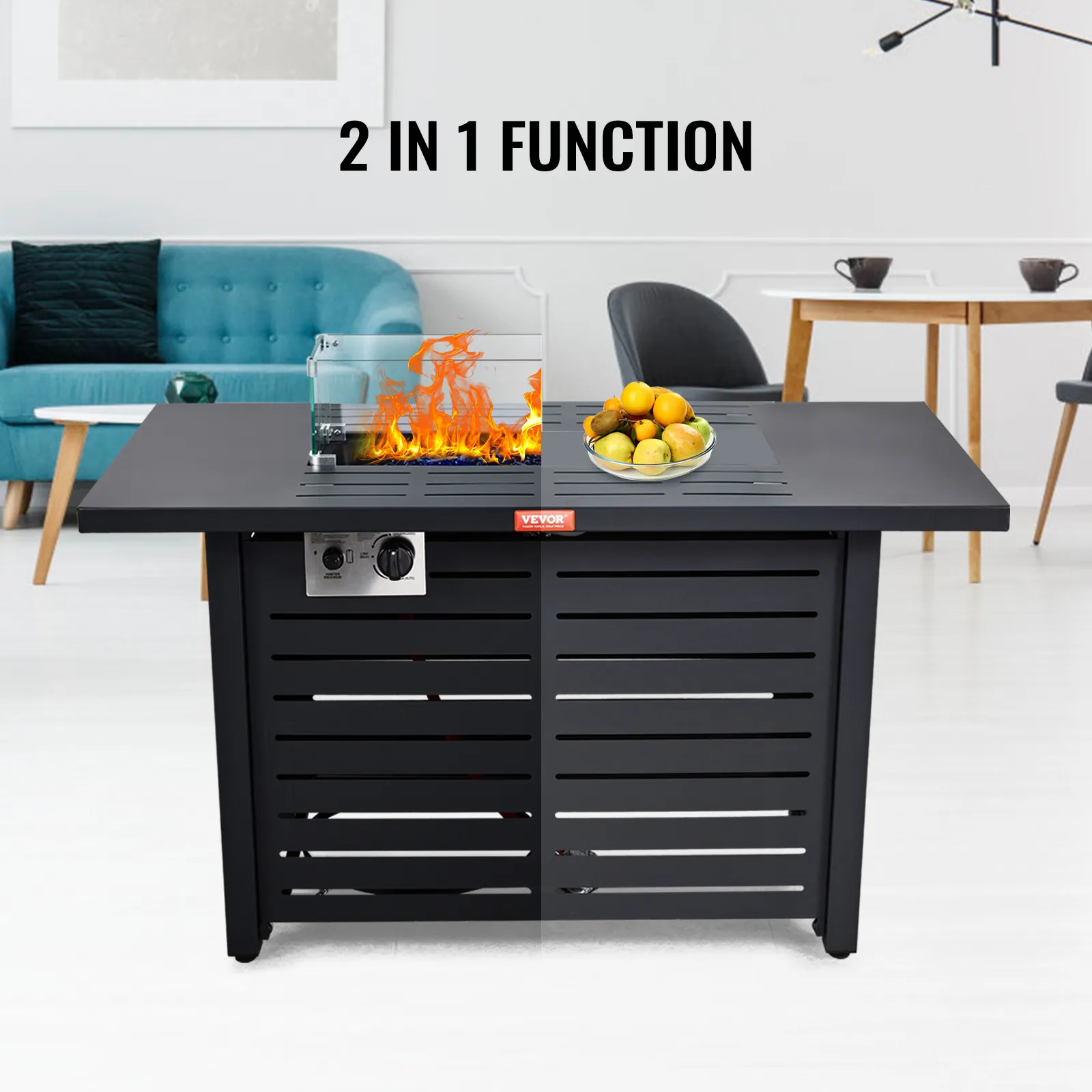 VEVOR gas fire pit table in modern living room, featuring flames and a bowl of fruit on the table.