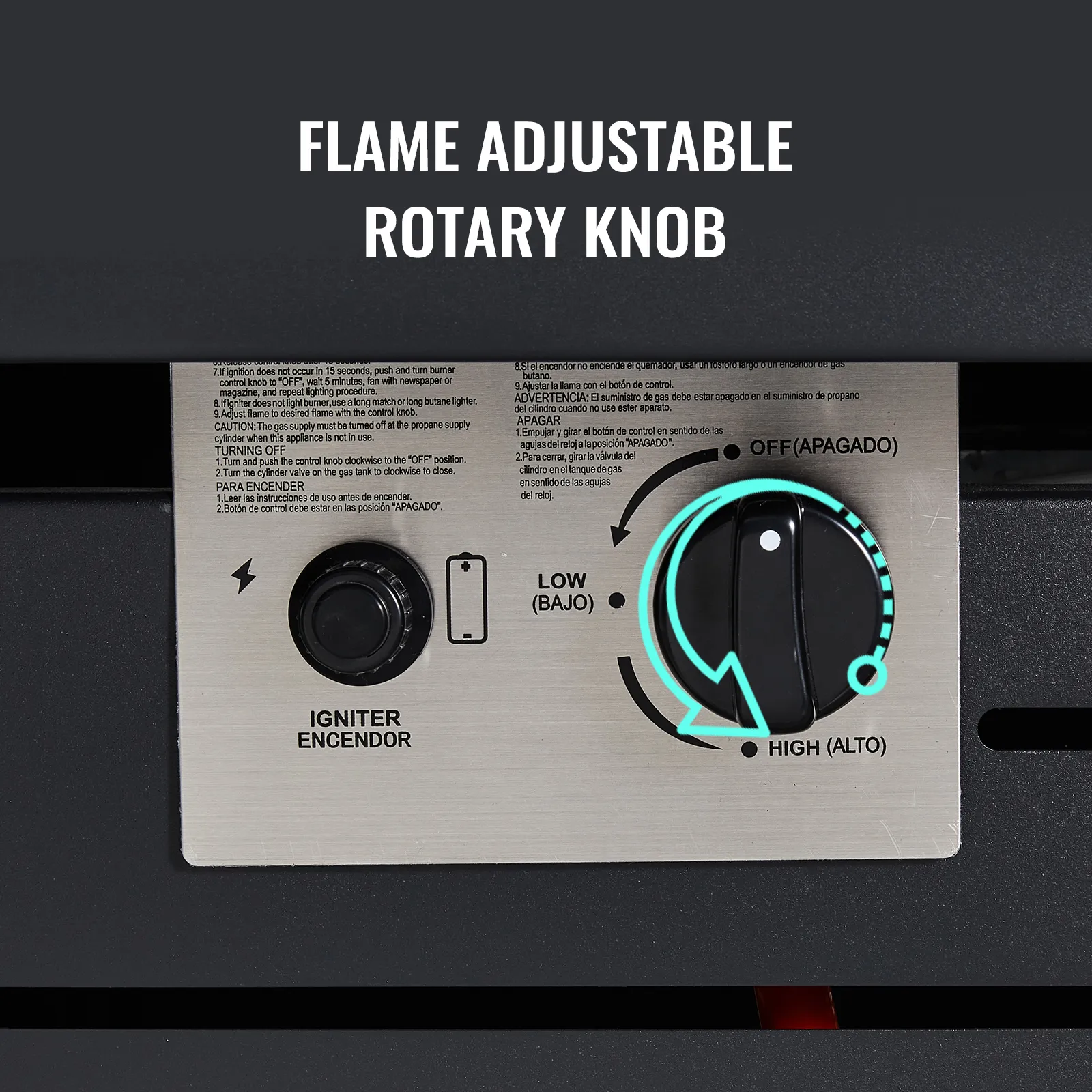 VEVOR gas fire pit table flame adjustable rotary knob close-up with igniter and settings.