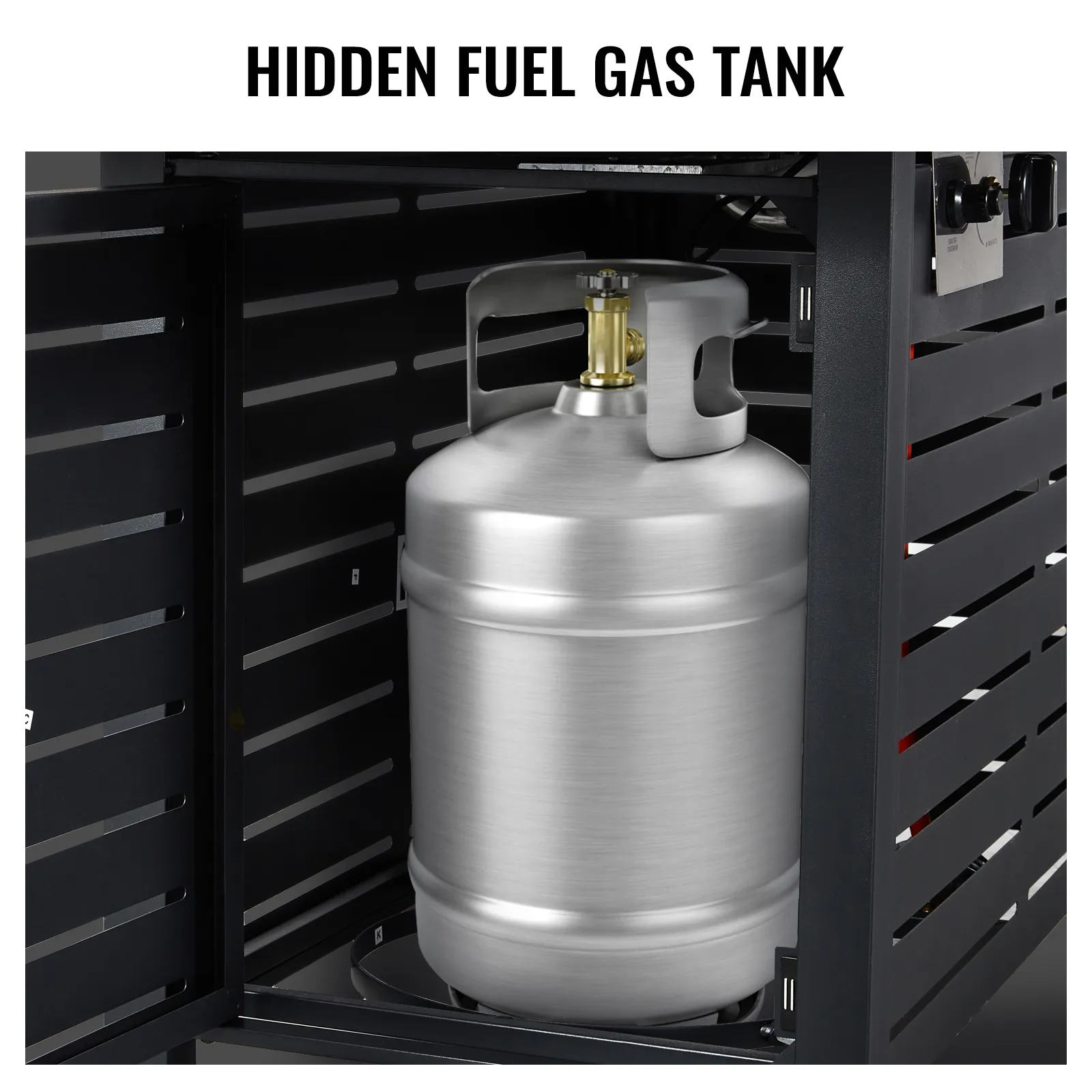 hidden fuel gas tank inside a VEVOR gas fire pit table with slatted metallic enclosure.