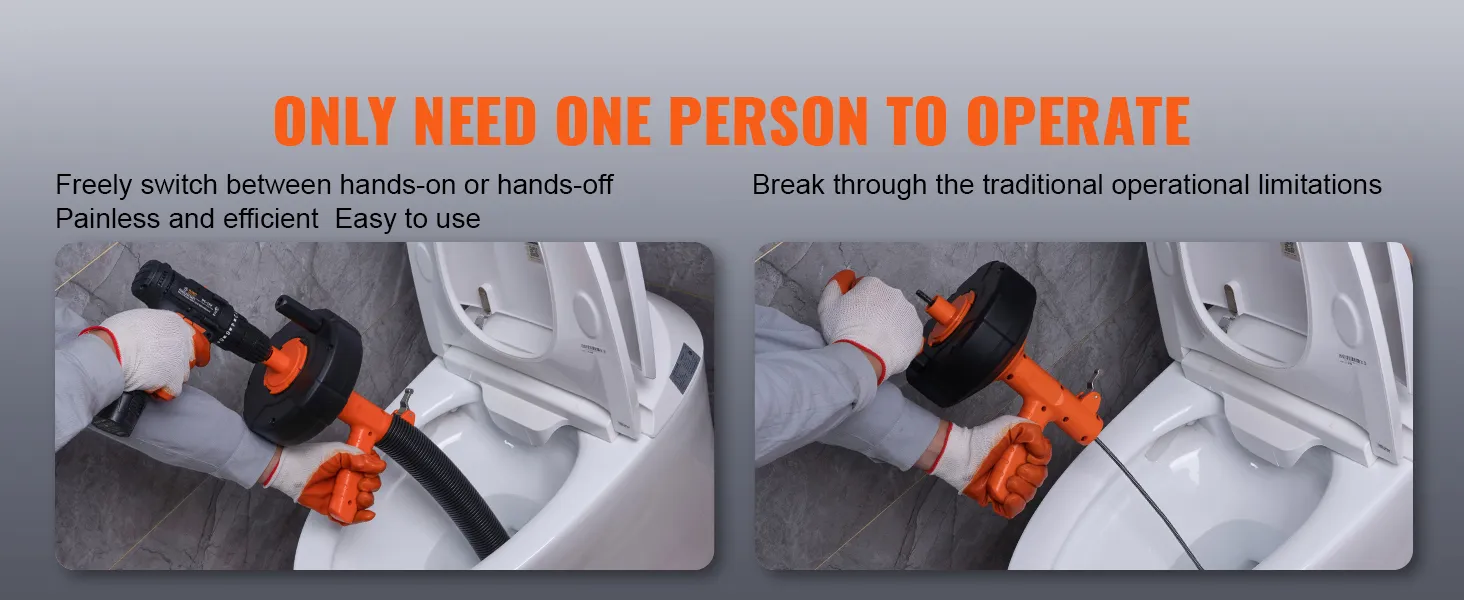 person operating VEVOR drain auger on toilet, highlighting ease of use and efficiency.