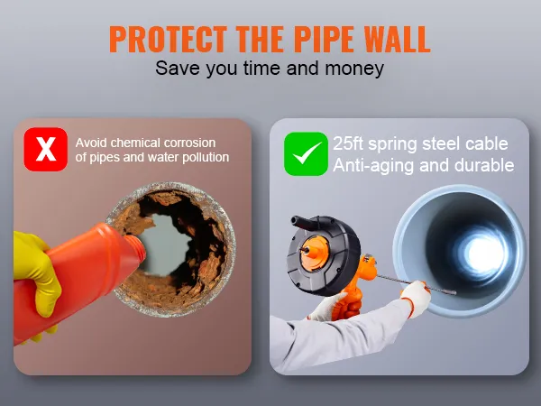 VEVOR drain auger: avoid chemical corrosion, use 25ft spring steel cable for durable pipe protection.