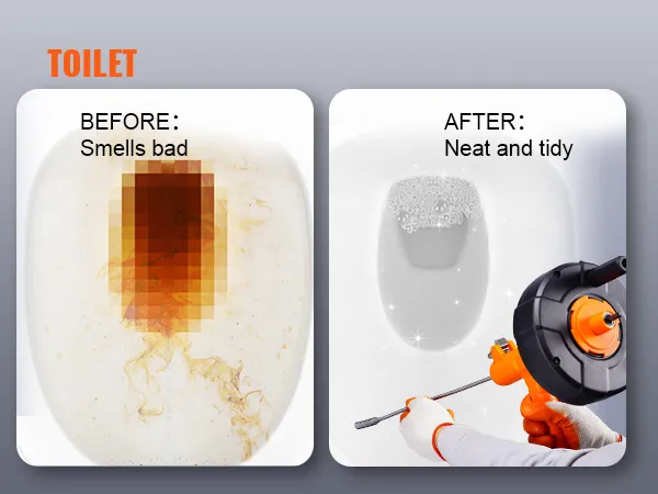 toilet cleaning before and after using VEVOR drain auger; from dirty to sparkling clean.