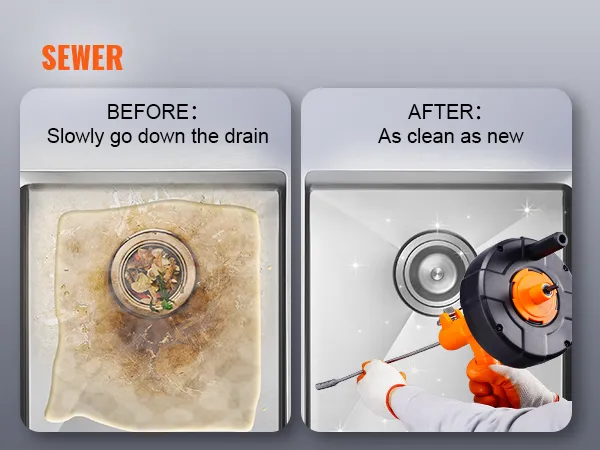 VEVOR drain auger cleans blocked drain; before and after comparison of dirty and clean sink.
