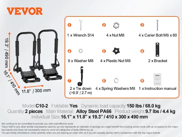 VEVOR kayak roof rack with detailed product specifications including load capacity, weight, and accessories.