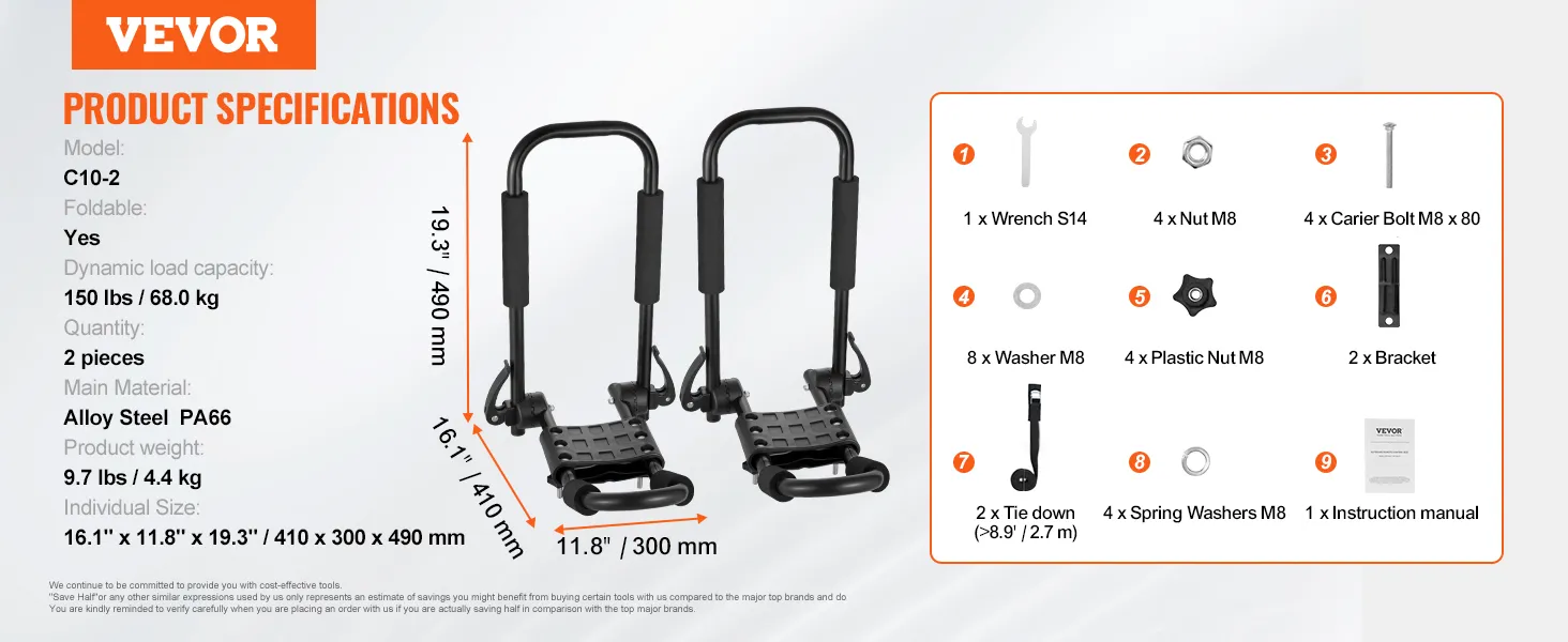 VEVOR kayak roof rack with detailed product specifications including load capacity, weight, and accessories.