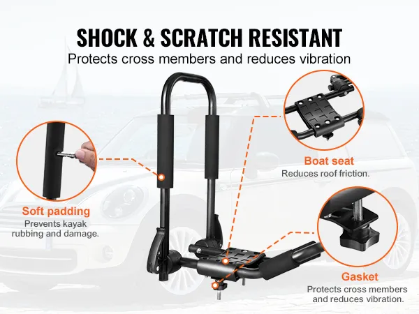 VEVOR kayak roof rack with soft padding, boat seat, and gasket for shock and scratch resistance.
