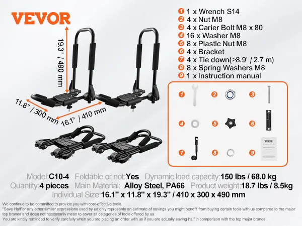 VEVOR kayak roof rack with detailed specifications and assembly parts layout. holds up to 150 lbs.