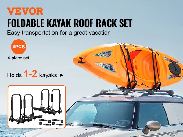 VEVOR kayak roof rack set for easy transportation, holding 1-2 kayaks on a car rooftop. 4-piece set.
