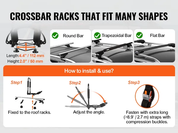 VEVOR kayak roof rack installation guide for round, trapezoidal, and flat bars with dimensions.
