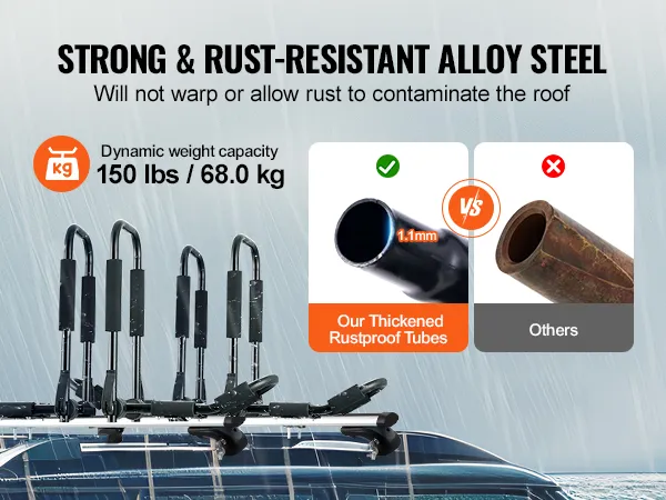 strong and rust-resistant alloy steel VEVOR kayak roof rack with 150 lbs/68.0 kg capacity, rustproof tubes.