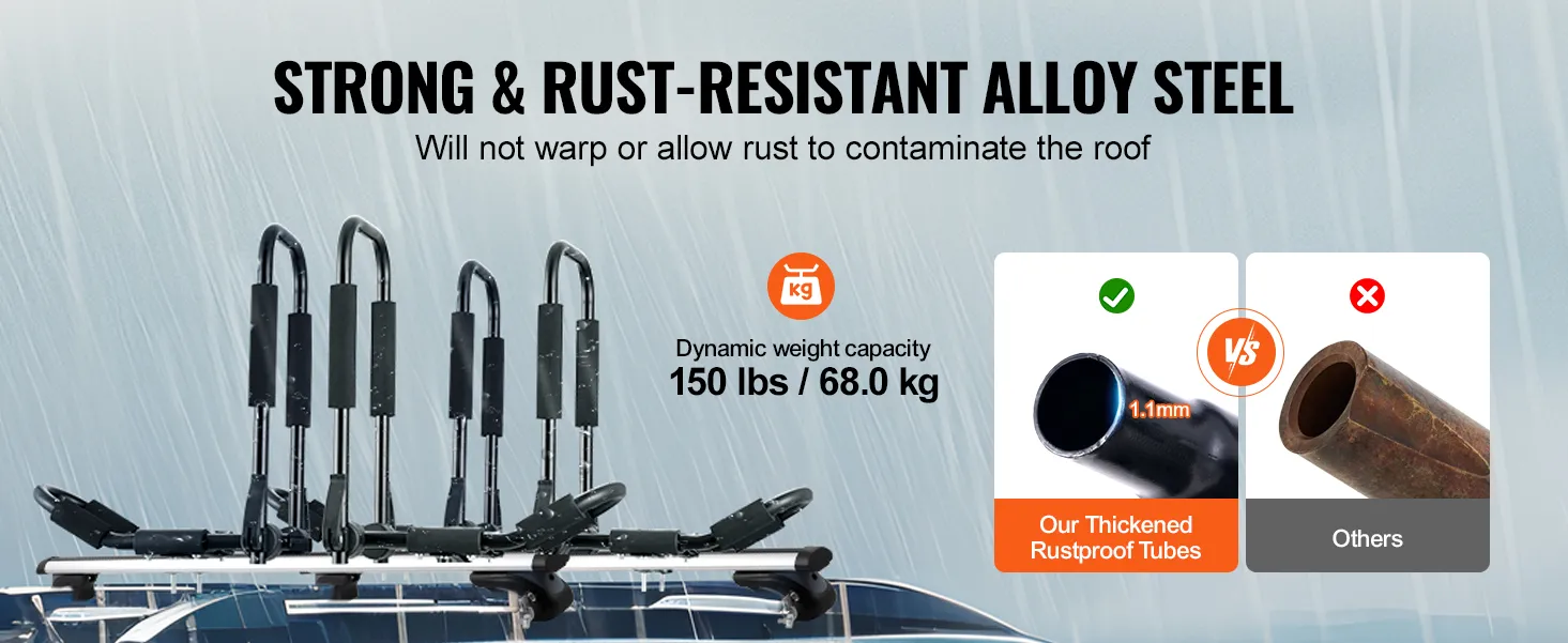 strong and rust-resistant alloy steel VEVOR kayak roof rack with 150 lbs/68.0 kg capacity, rustproof tubes.