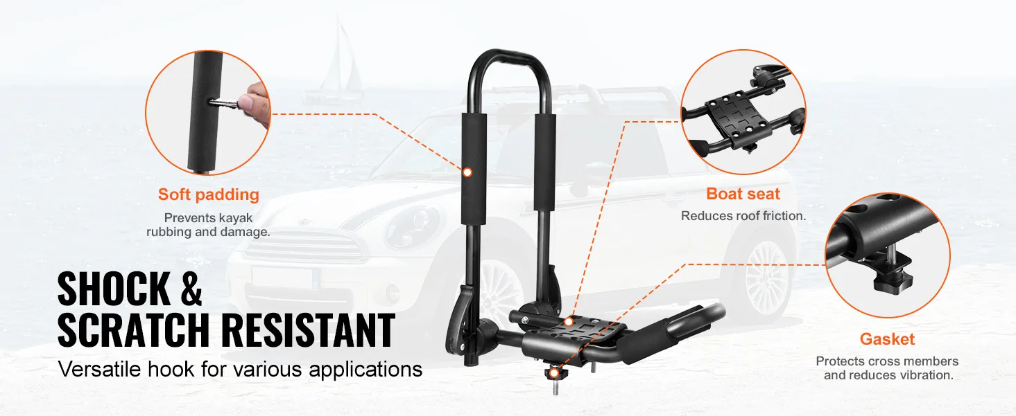 shock and scratch resistant VEVOR kayak roof rack with soft padding, boat seat, and gasket features.