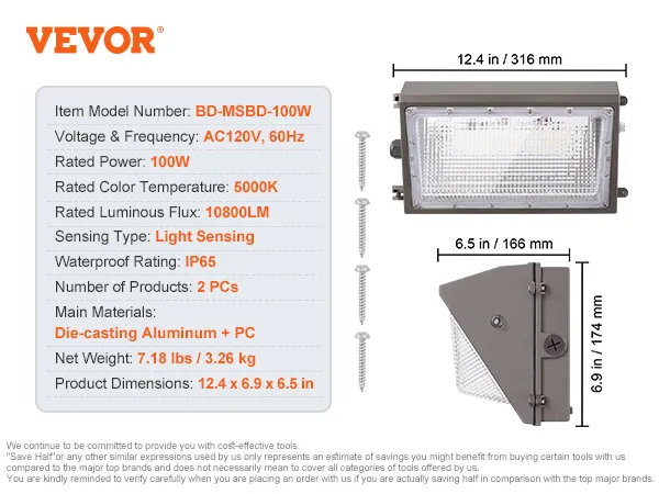 Paquete de luces LED de pared VEVOR con potencia de 100 W, temperatura de color de 5000 K, brillo de 10800 lm, clasificación de impermeabilidad IP65.