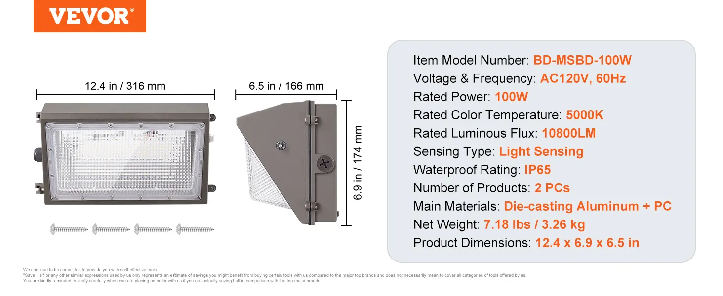 Paquete de luces LED de pared VEVOR con potencia de 100 W, temperatura de color de 5000 K, brillo de 10800 lm, clasificación de impermeabilidad IP65.