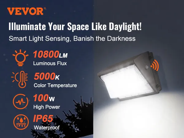 Paquete de luces LED de pared VEVOR para uso en exteriores con 10800 lm, 100 W, color 5000 K y clasificación de impermeabilidad IP65.