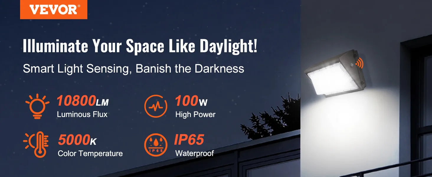 Paquete de luces LED de pared VEVOR para uso en exteriores con 10800 lm, 100 W, color 5000 K y clasificación de impermeabilidad IP65.