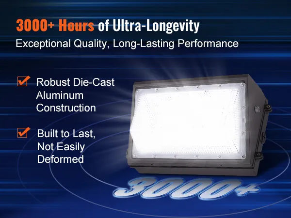 Paquete de luces de pared LED VEVOR con más de 3000 horas de vida útil, aluminio fundido a presión robusto y rendimiento duradero.
