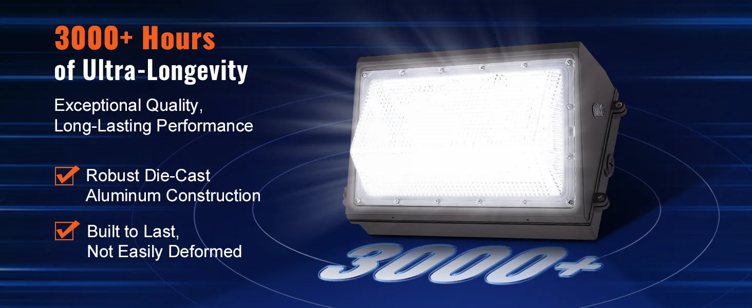 Paquete de luces de pared LED VEVOR con más de 3000 horas de vida útil, aluminio fundido a presión robusto y rendimiento duradero.