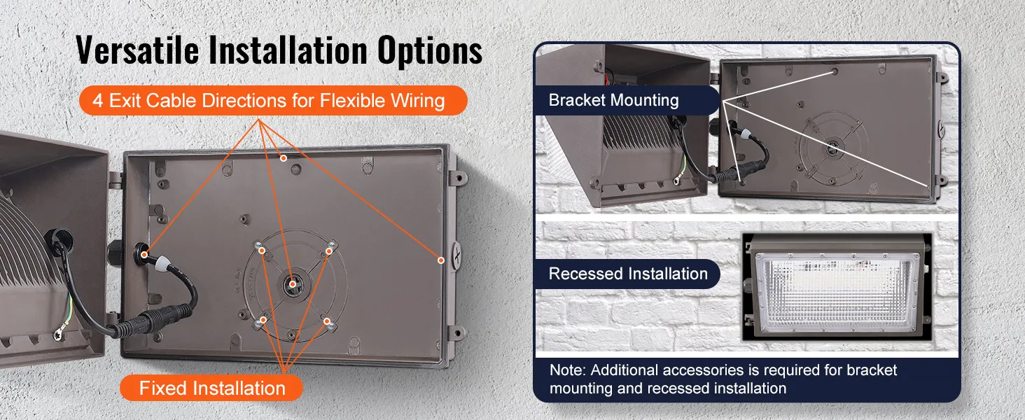 Paquete de luces de pared LED VEVOR con opciones de instalación versátiles, que incluyen montaje con soporte y empotrado.
