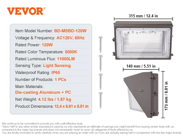Paquete de luces LED de pared VEVOR, 120 W, 5000 K, IP65, 11 000 lm, detección de luz, dimensiones 14,3 x 9,1 x 7,3 pulgadas.