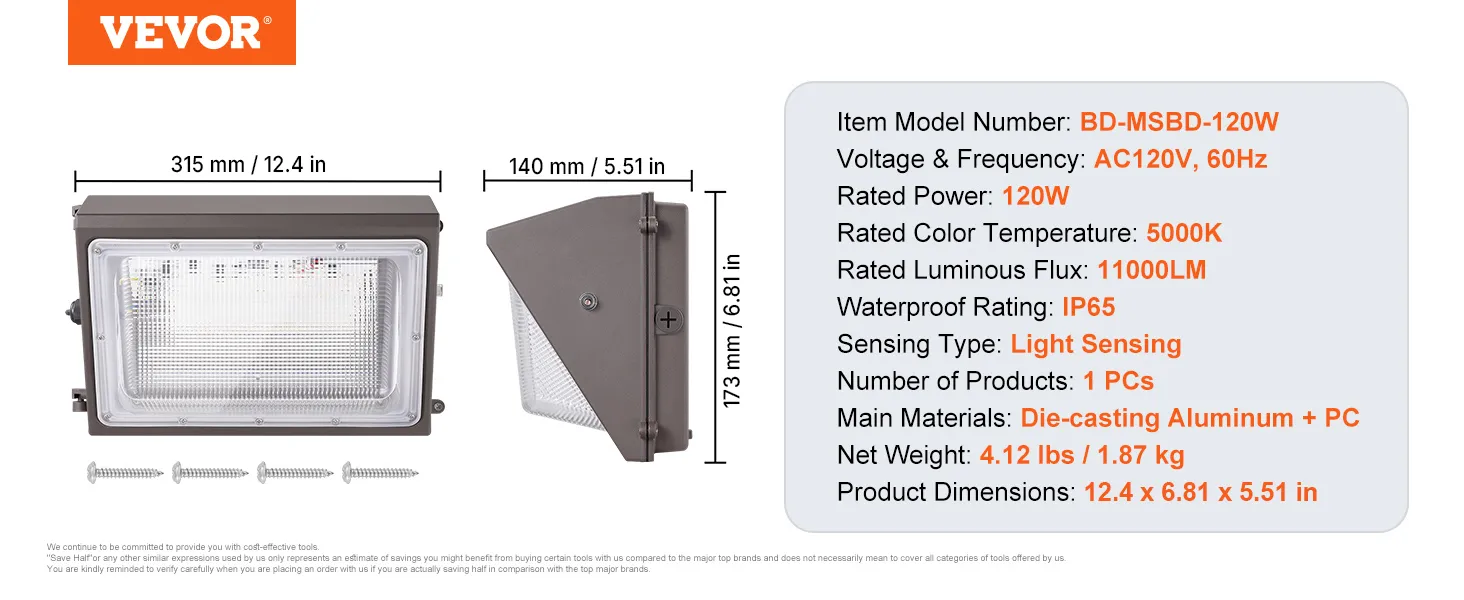 Paquete de luces LED de pared VEVOR, 120 W, 5000 K, IP65, 11 000 lm, detección de luz, dimensiones 14,3 x 9,1 x 7,3 pulgadas.