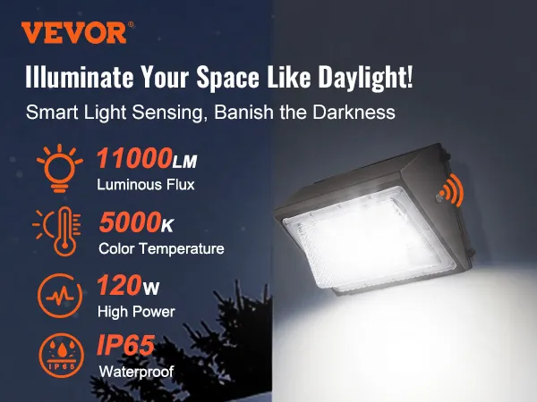 Paquete de luces LED de pared VEVOR, 11000 lm, 120 W de alta potencia, 5000 K, IP65 a prueba de agua, detección de luz inteligente.
