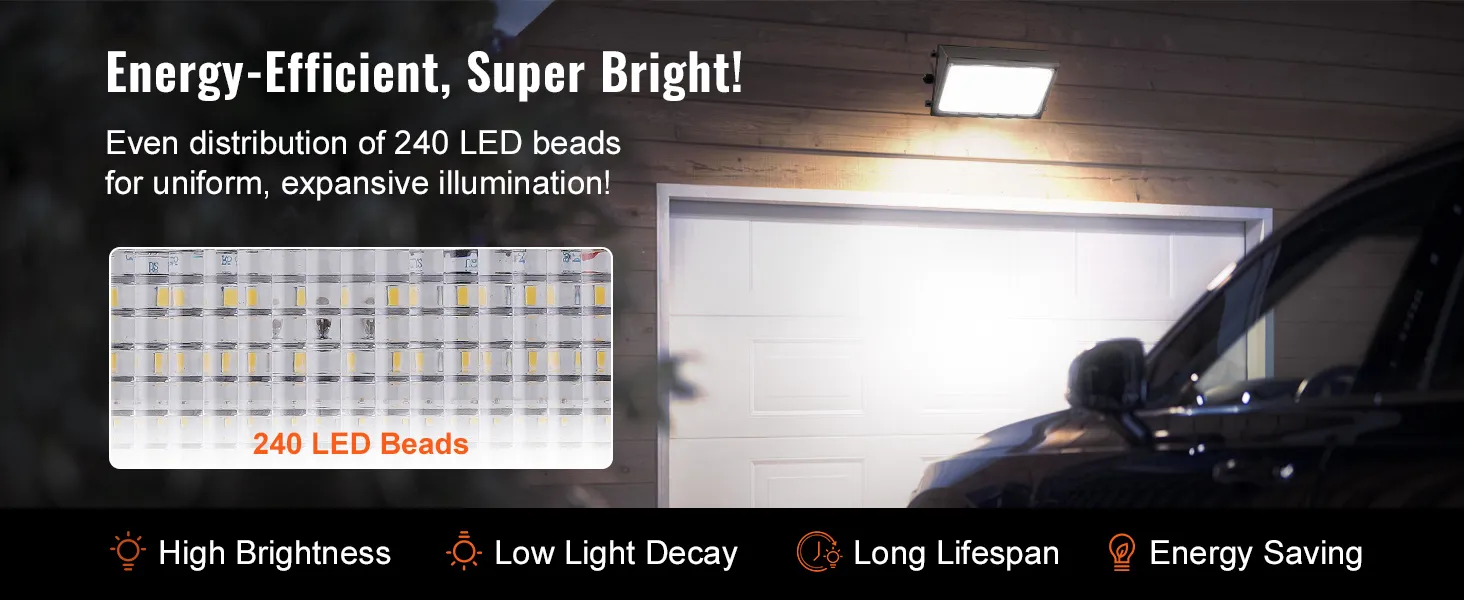 Paquete de luces LED de pared VEVOR que iluminan el garaje y que cuenta con 240 luces LED para un alto brillo y eficiencia energética.