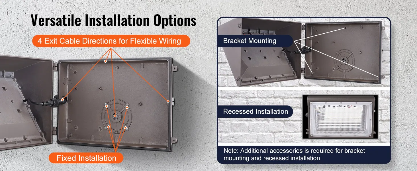 Opciones de instalación versátiles para luces de pared LED VEVOR con cableado flexible y tipos de montaje.