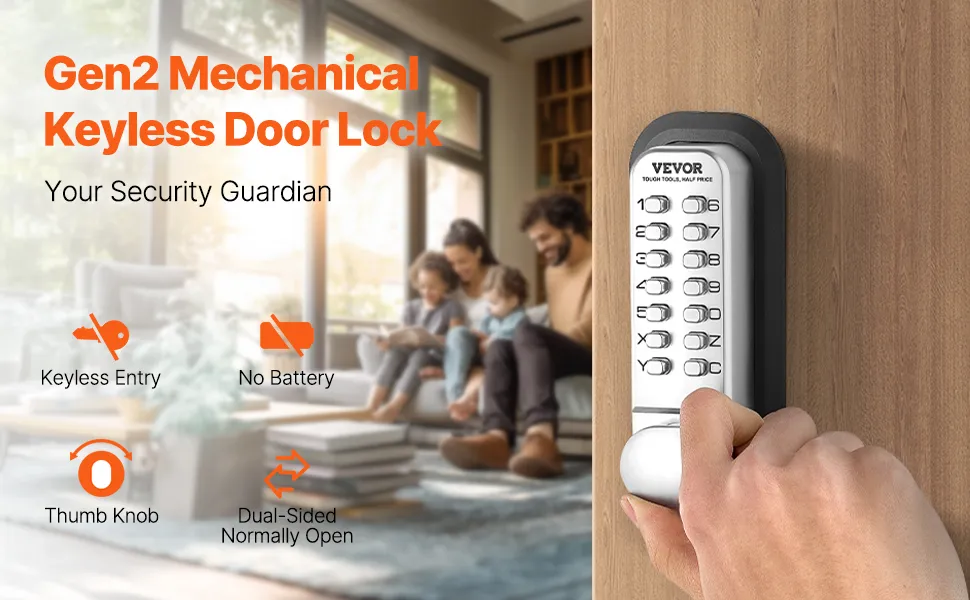 VEVOR Mechanical Keyless Entry Door Lock, 14 Key Mechanical Door Lock, Mechanical Keypad Door Lock with Adjustable Thumb Knob, Single-Side Zinc Alloy Waterproof Keyless Gate Lock, for Home Office