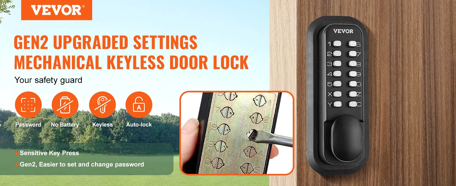 VEVOR mechanical keyless entry door lock, gen2 with sensitive key press and auto-lock features.