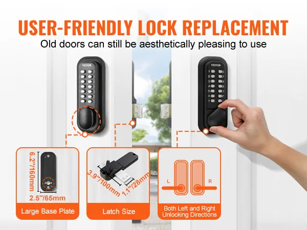 VEVOR mechanisch sleutelloos toegangsslot met grote bodemplaat en details over de maat van de grendel.