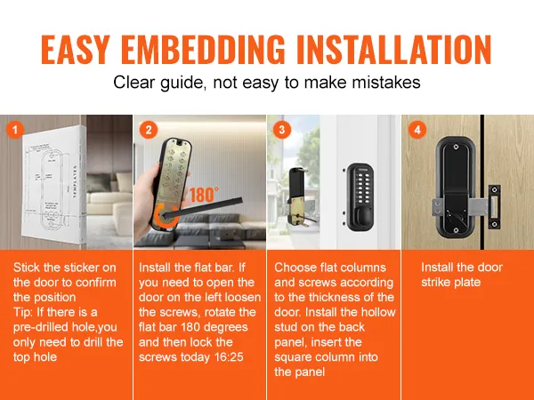 eenvoudige stappen voor het inbouwen en installeren van het VEVOR mechanische sleutelloze toegangsslot op een houten deur.