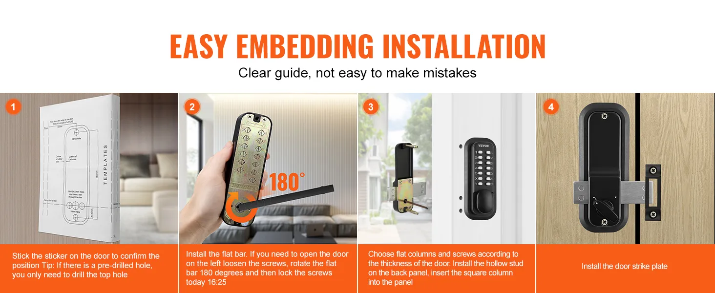 easy installation steps for VEVOR mechanical keyless entry door lock with template, screws, flat bar.