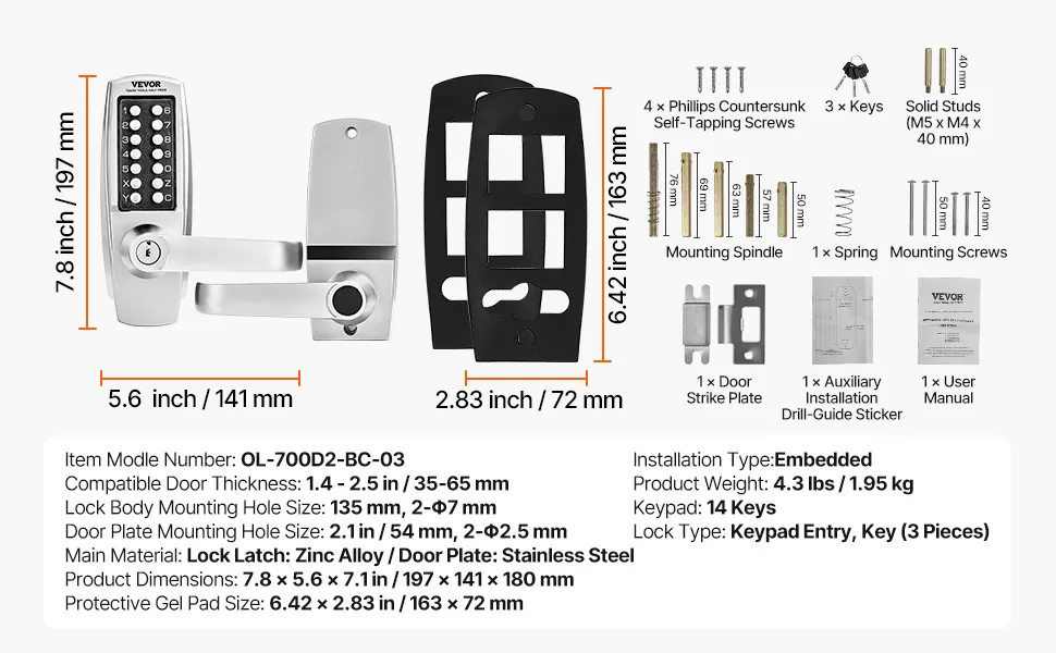 VEVOR Mechanical Keyless Entry Door Lock, 14 Key Mechanical Door Lock with Keys, Mechanical Keypad Door Lock with Handle, Stainless Steel Waterproof Keyless Gate Lock, for Home Office Outdoor Garage