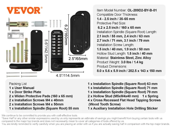 VEVOR keyless entry door lock kit with screws, spindle, protective pads, door strike plate, and user manual.
