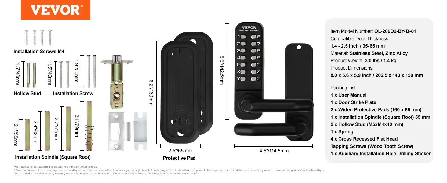 VEVOR keyless entry door lock kit with screws, spindle, protective pads, door strike plate, and user manual.