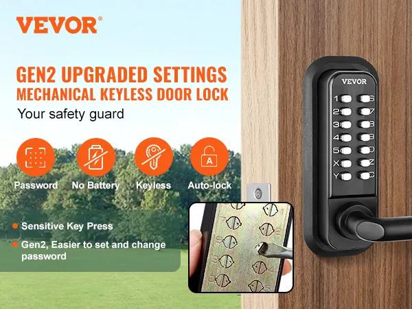 VEVOR keyless entry door lock gen2 features secure password access, no battery, auto-lock.