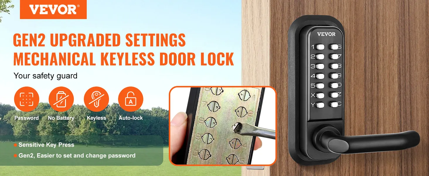 VEVOR keyless entry door lock gen2 features secure password access, no battery, auto-lock.