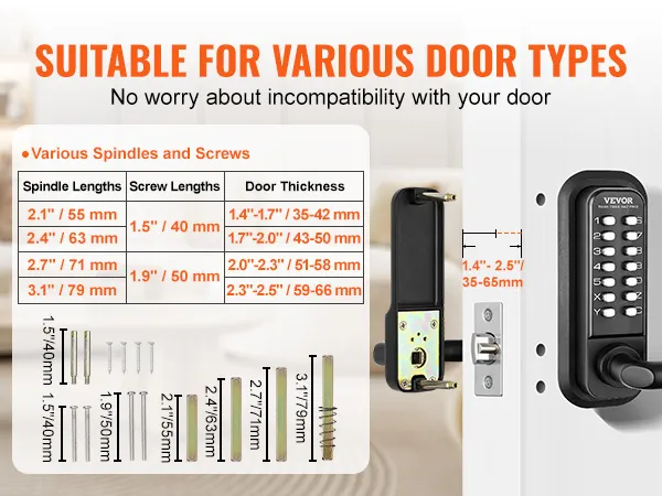 VEVOR keyless entry door lock with multiple spindle lengths and screw sizes, suitable for various door types.
