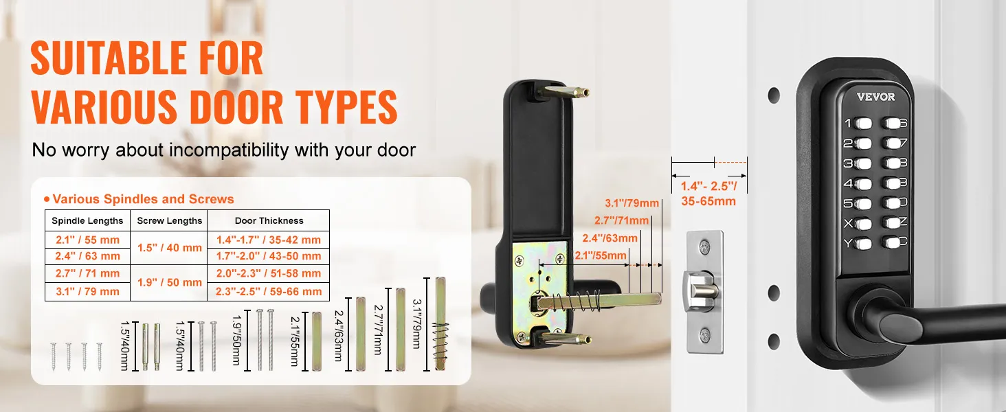 VEVOR keyless entry door lock with multiple spindle lengths and screw sizes, suitable for various door types.