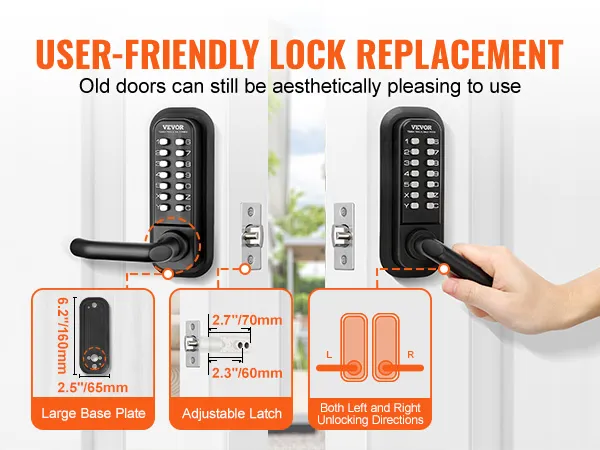 VEVOR keyless entry door lock with large base plate, adjustable latch, and bidirectional unlocking.