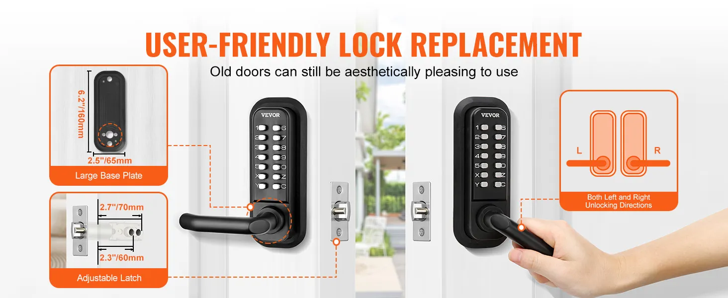 VEVOR keyless entry door lock with large base plate, adjustable latch, and bidirectional unlocking.