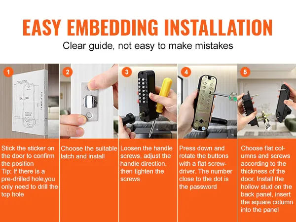 VEVOR keyless entry door lock installation steps: position, latch, screws, button setup, and final assembly.