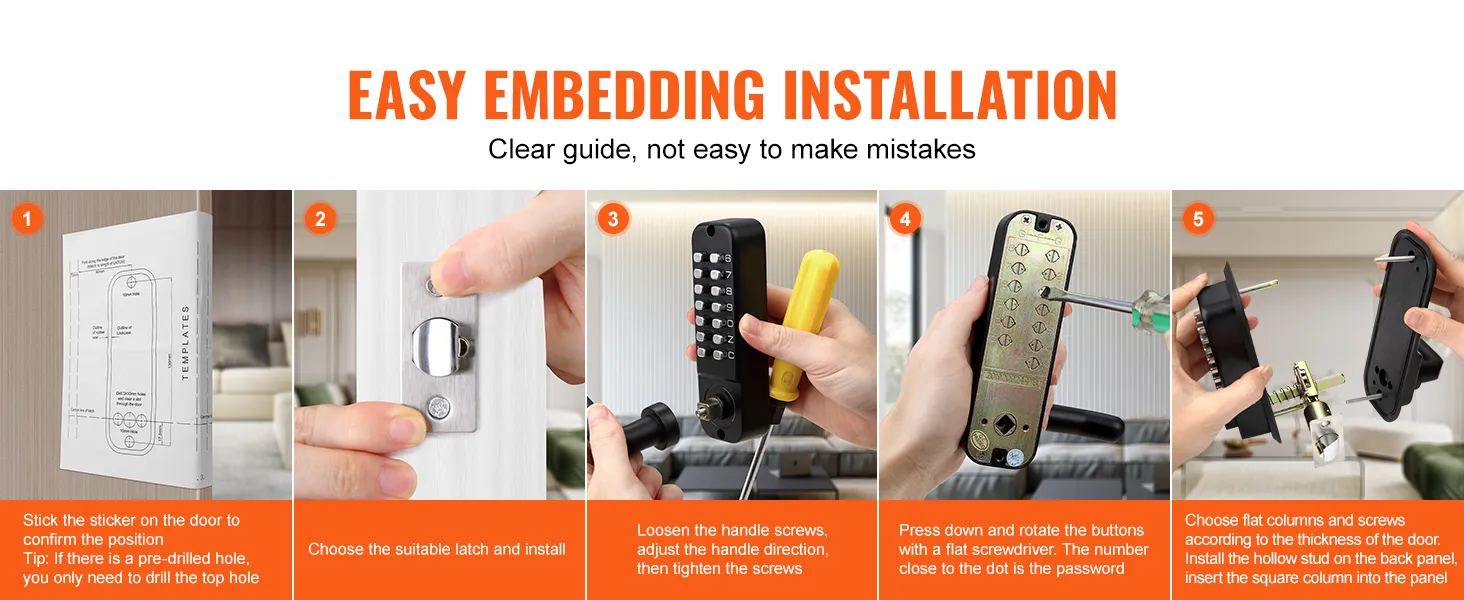 VEVOR keyless entry door lock installation steps: position, latch, screws, button setup, and final assembly.